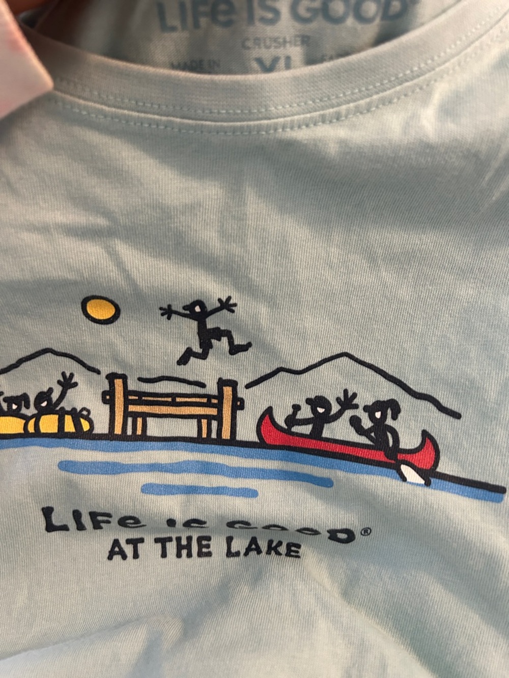 Life Is Good Light Blue Lake Graphic Tee with Red canoe